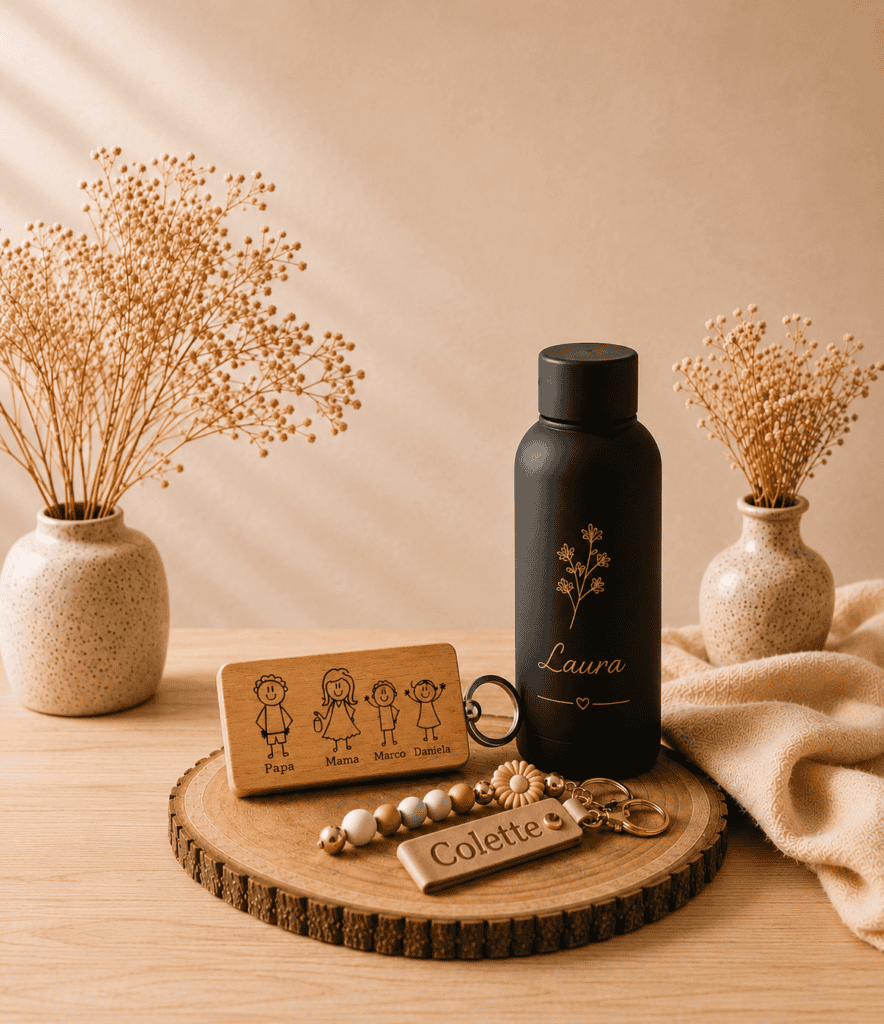 ETCHLAB personalisierte Wasserflasche mit Namen, Holzschlüsselanhänger und Dekoration im minimalisti.