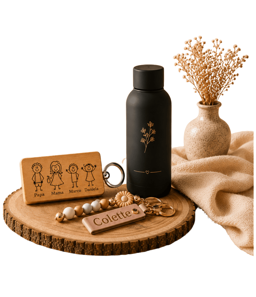 Hochwertige personalisierte Geschenke mit Gravur, Wasserflasche und Dekorationen auf Holzplatte.