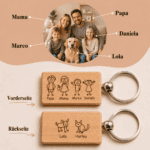 Hochwertiges Familienfoto mit Hund, personalisierte Holzschlüsselanhänger mit Namen, liebevolle Erin.