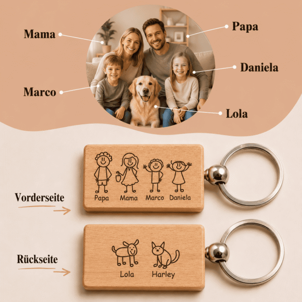 Hochwertiges Familienfoto mit Hund, personalisierte Holzschlüsselanhänger mit Namen, liebevolle Erin.