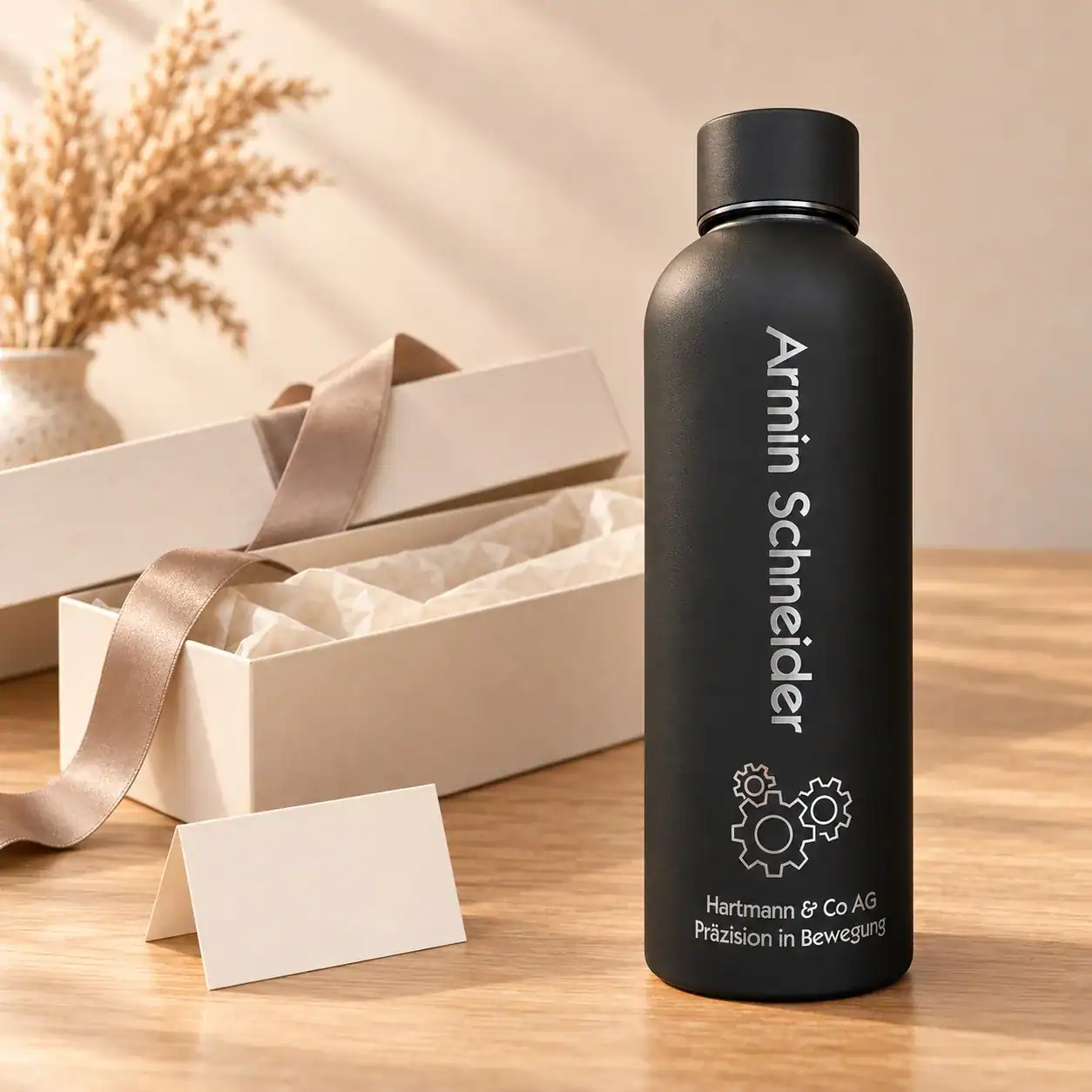 Schwarze Thermosflasche mit Firmenlogo in einer Geschenkbox