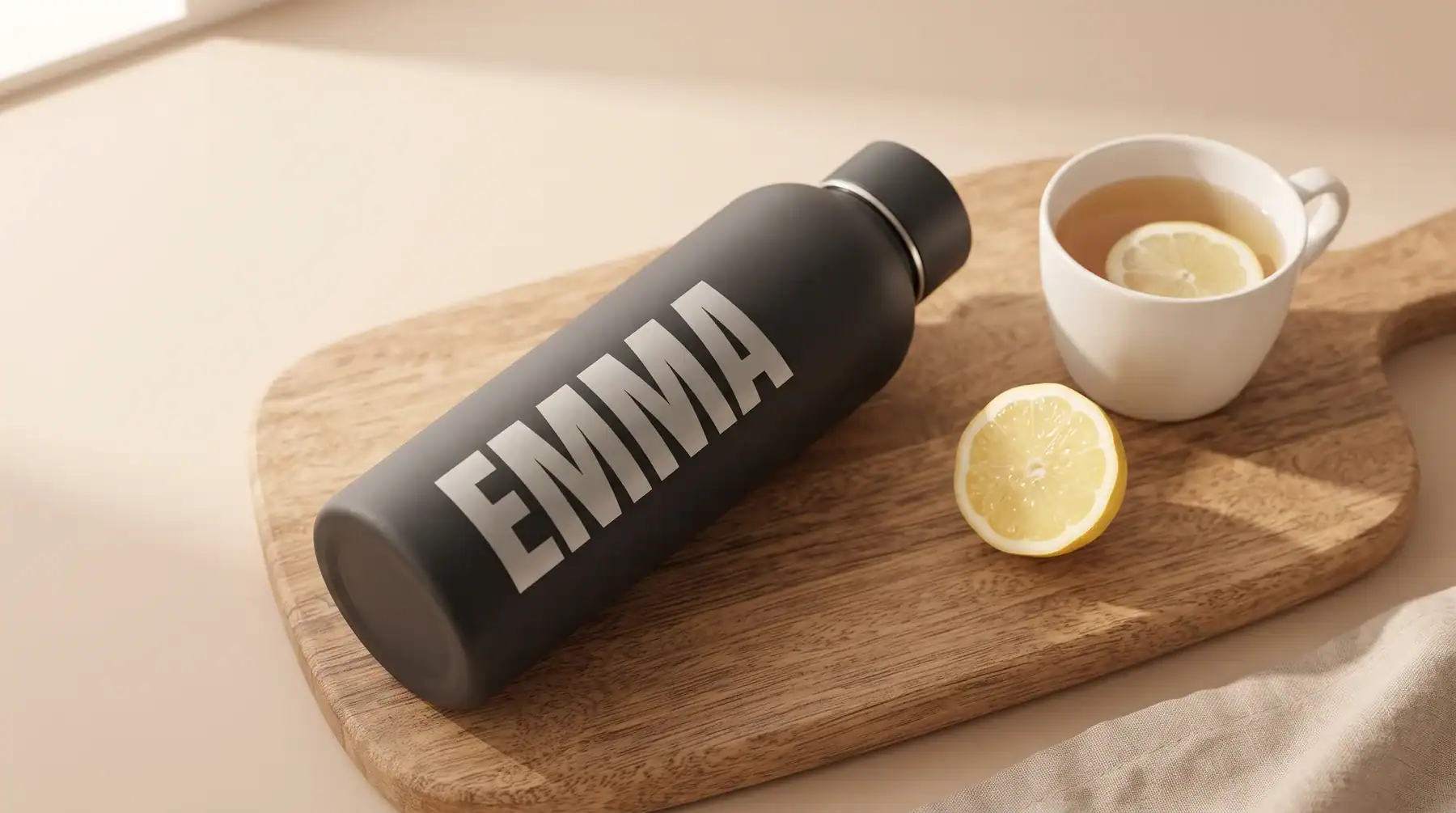 Liegende Thermosflasche mit dem Namen Emma neben Tee und Zitronen