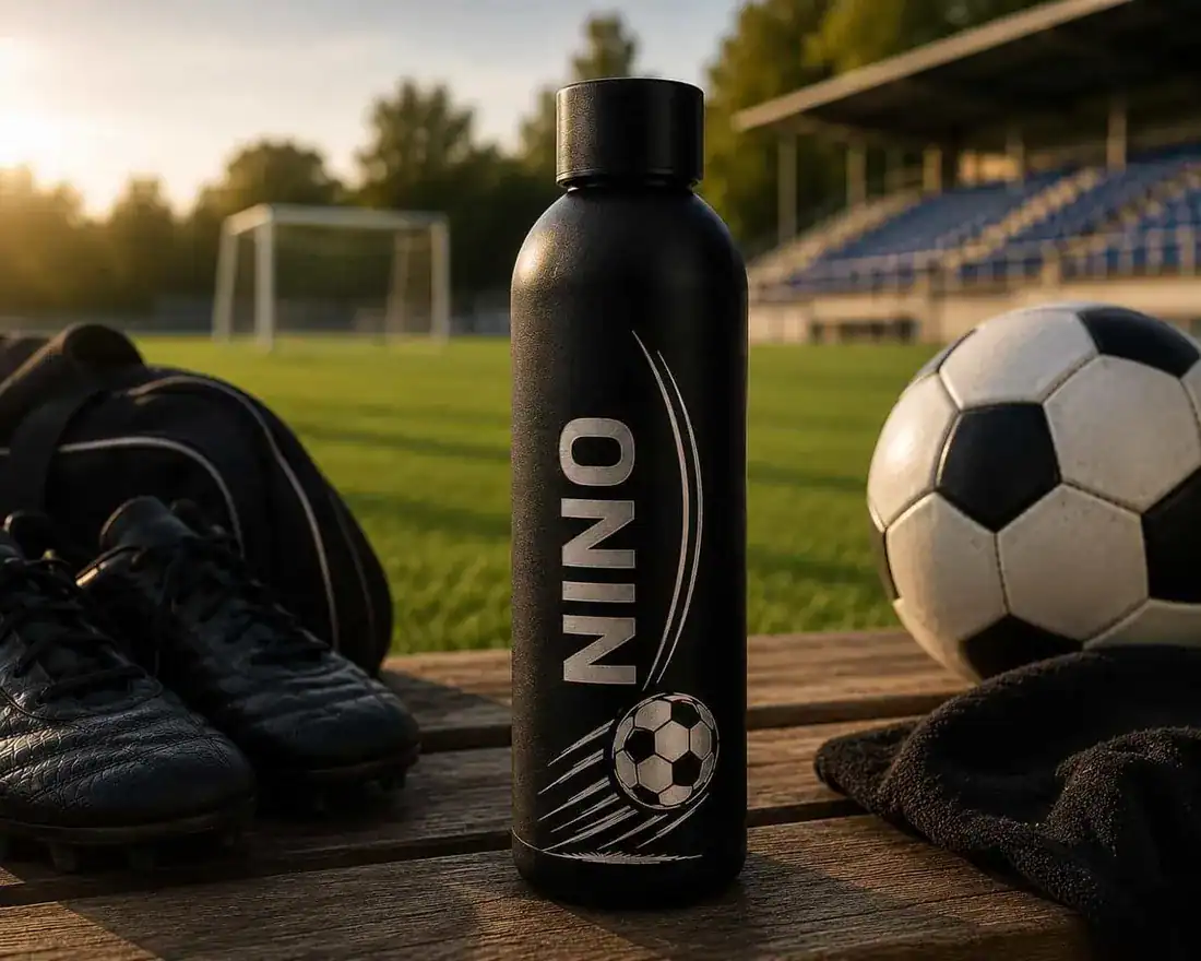 Thermosflasche mit Name und Fussball-Motiv
