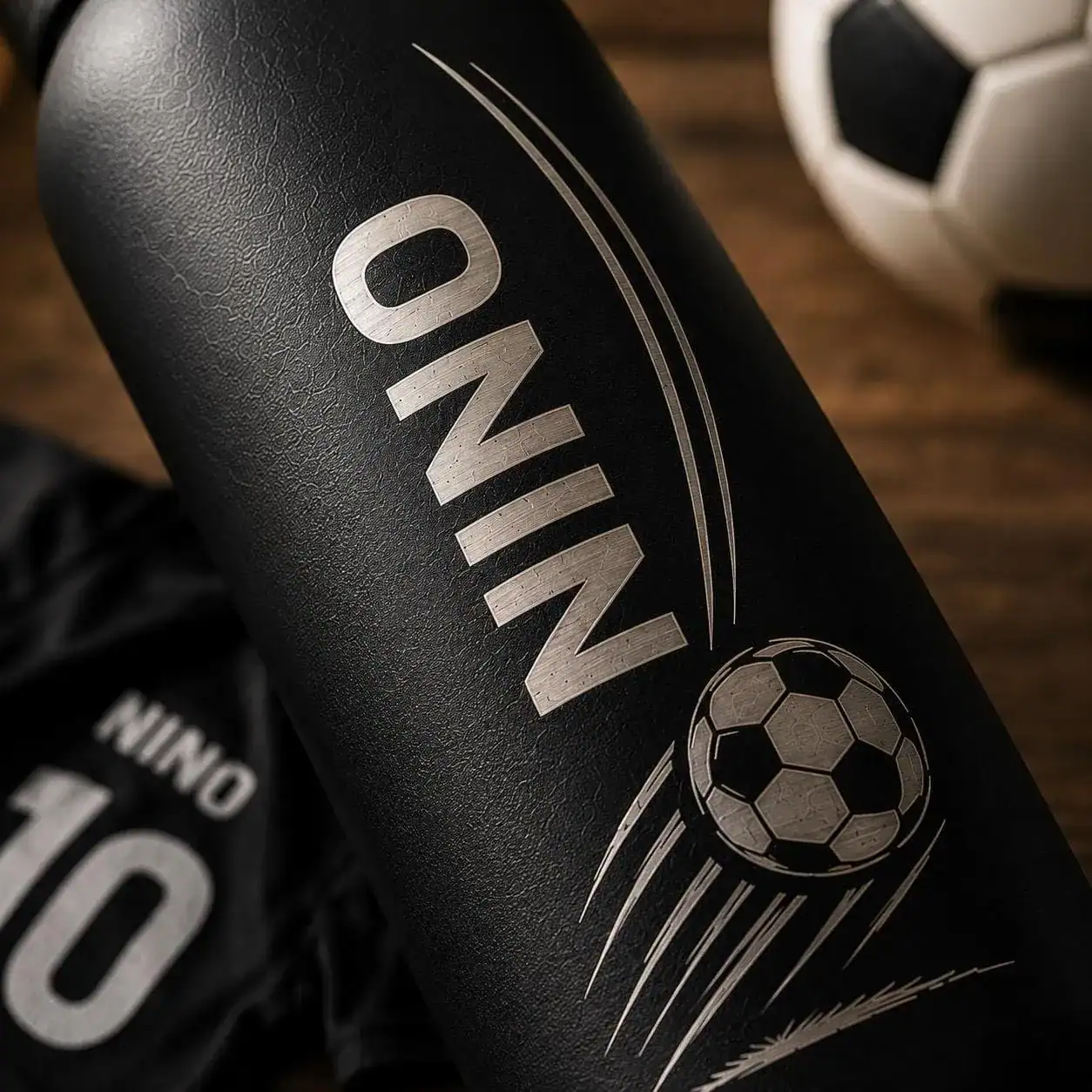 Nahaufnahme einer Lasergravur auf der mattschwarzen Flasche: Name Nino mit Fussball-Motiv