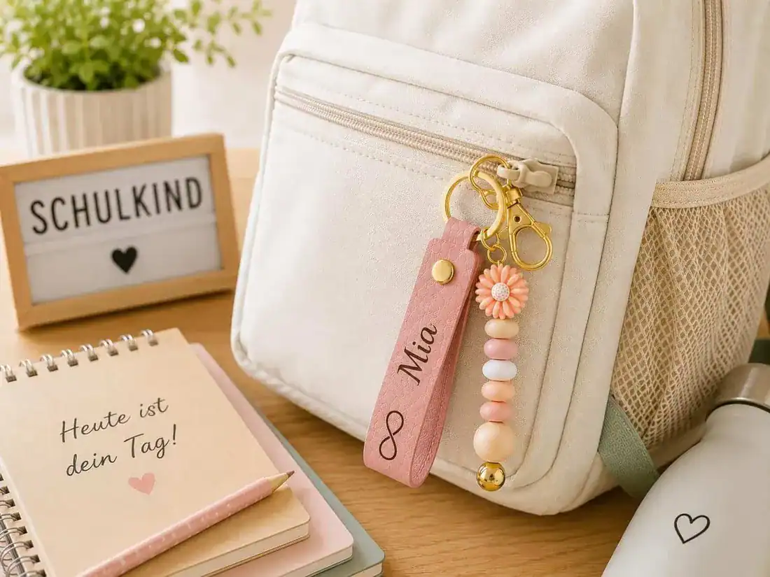 Rosa Lederanhänger mit dem Namen Mia an einem hellen Schulrucksack