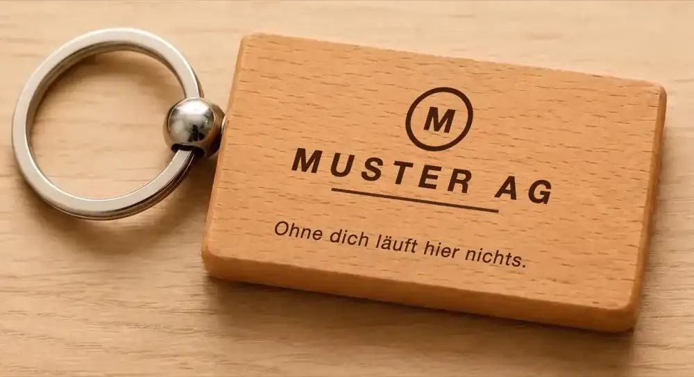 Holzanhänger Vorderseite mit Logo und Spruch